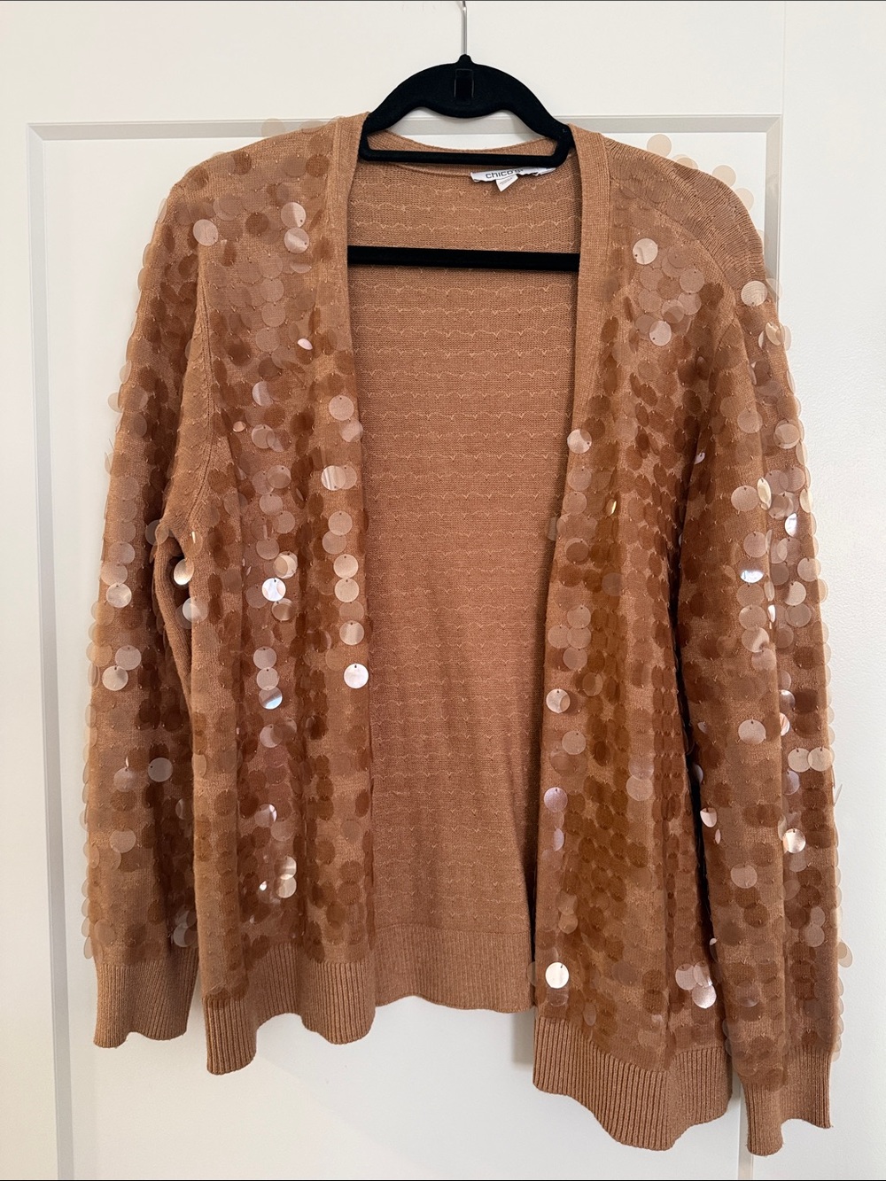 Chico's Camel Sequin Open Cardigan